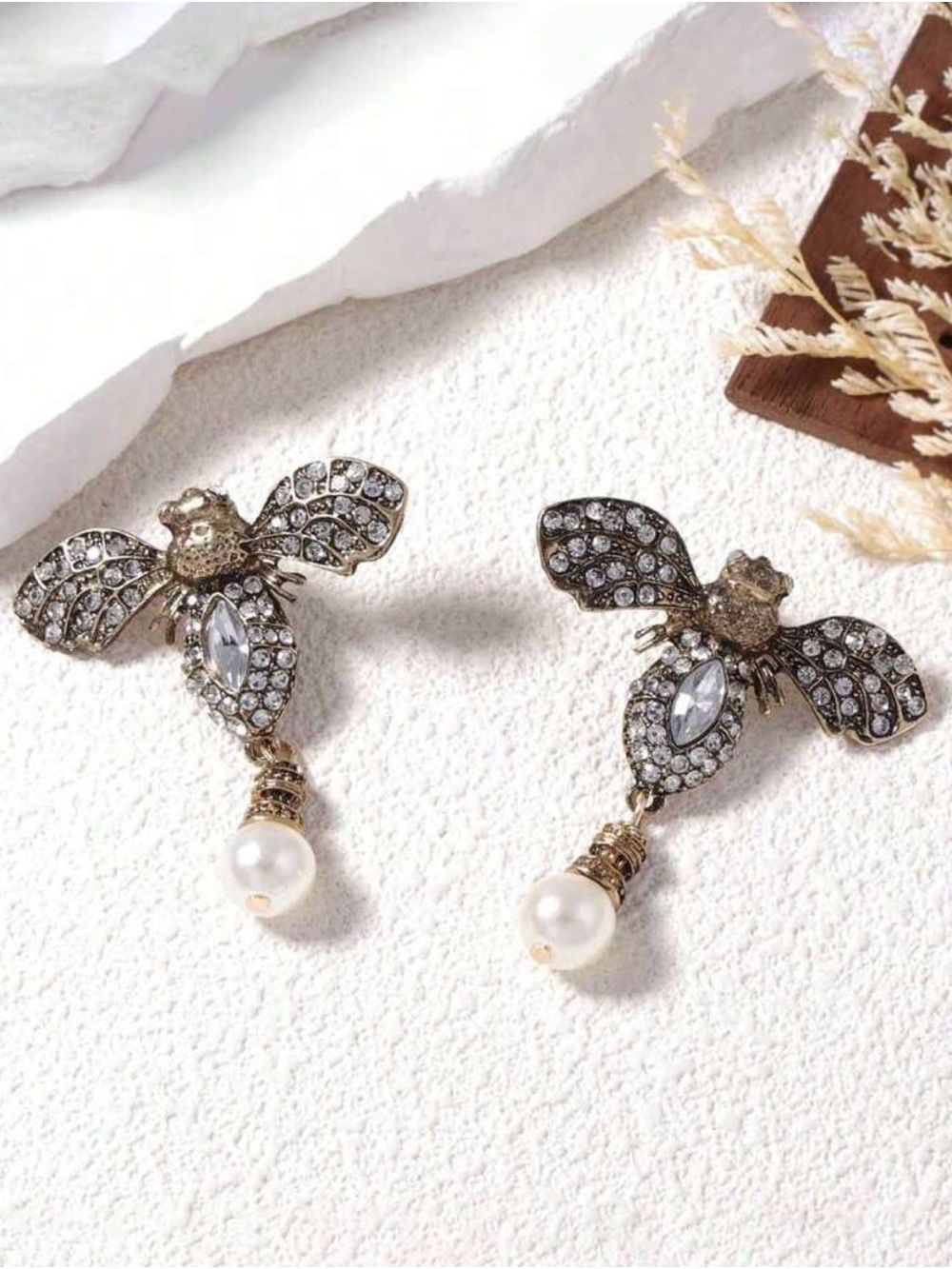 Gold-Tone Bee Drop Earrings with White Pearl Pendant